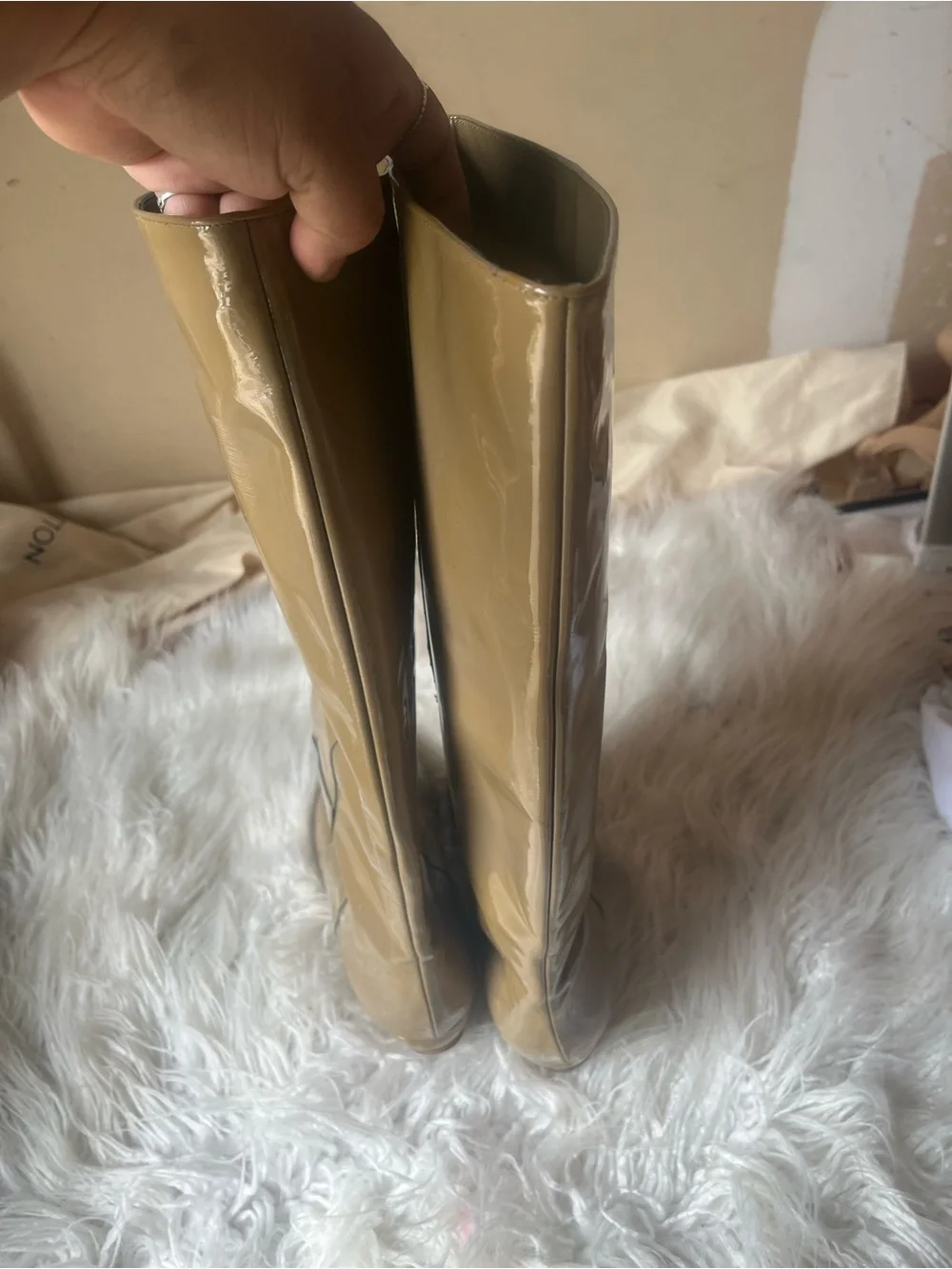 Loeffler Randall Glossy Patent Over-the-Knee Boots in Beige